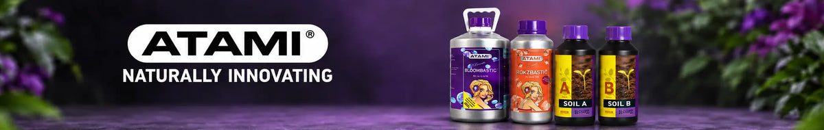 Atami-Logo mit Bloombastic, B’cuzz Soil A und VGN-Pflanzennährstoffen vor violettem Hintergrund.