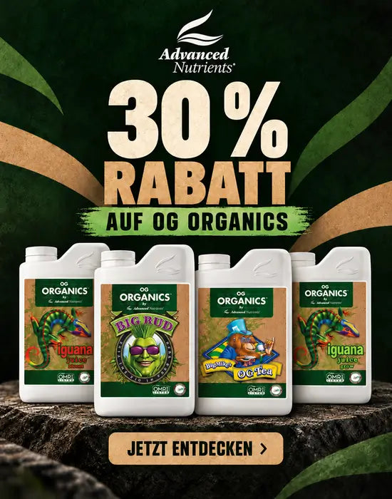 OG Organics von Advanced Nutrients mit 30 % Rabatt. Vier Düngerprodukte auf einem Steinpodest, darüber das Herstellerlogo und der Aktionshinweis.